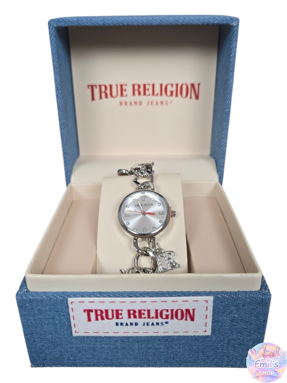 True Religion Silver Charm Bracelet Watch w/ Crystal Accents – New in Box
